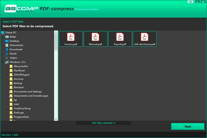 ASCOMP PDF compress Screen