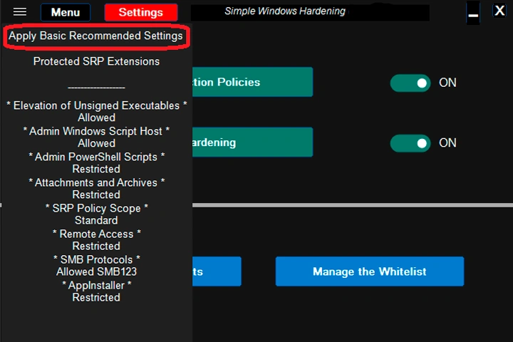 Simple Windows Hardening 2.1.1.1 Screen